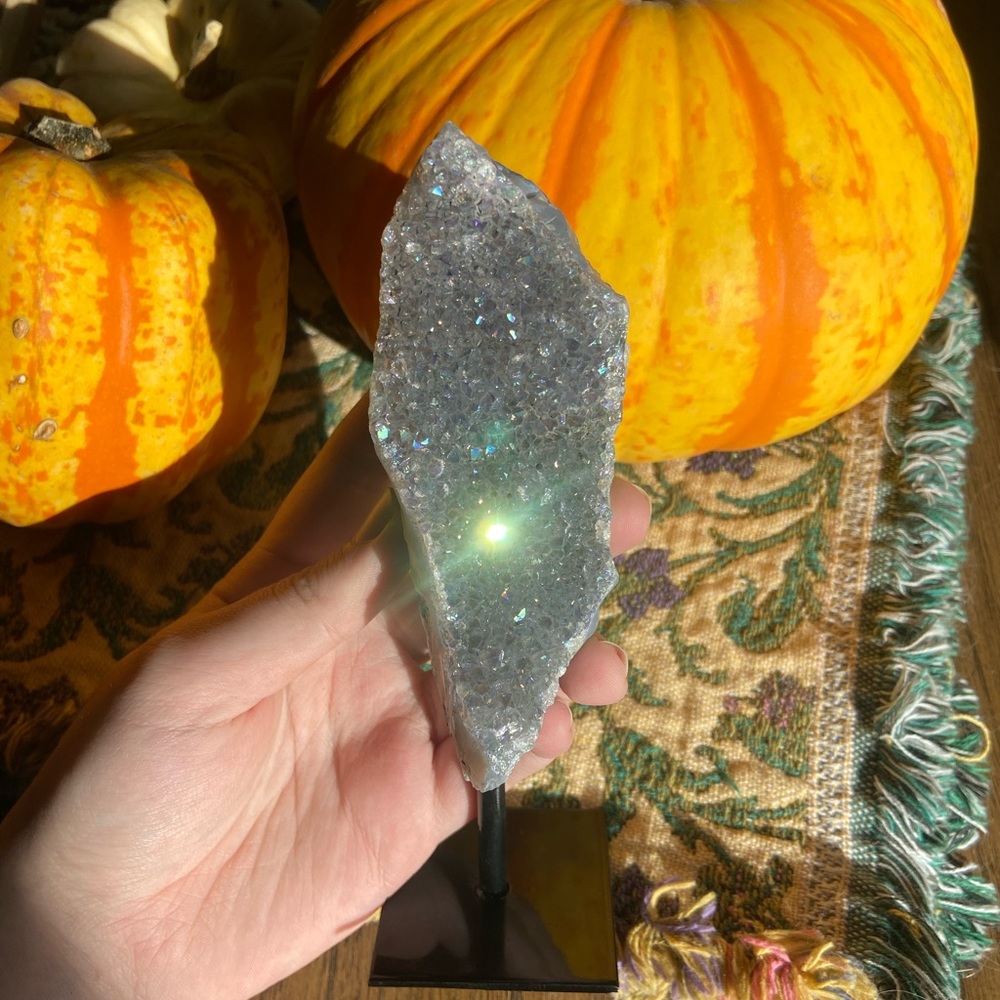 Sparkly druzy angel aura amethyst geode crystal/gemstone on metal base